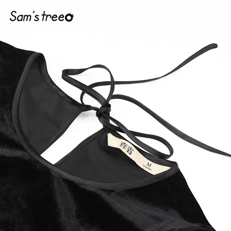 SAM'S TREE/черное однотонное бархатное женское платье на шнуровке, Зимняя мода, чистый короткий рукав, пэтчворк, офисные женские платья на каждый день