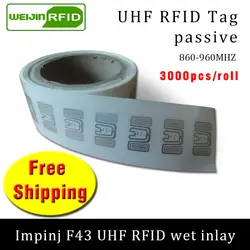 RFID метка UHF стикер Impinj F43 EPC6C мокрой инкрустация 915mhz868mhz860-960MHZ 3000 шт. Бесплатная доставка клей пассивный RFID метки