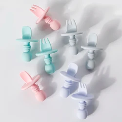 Vaisselle en Silicone, vaisselle pour bébé, cuillère avec fourchette pliante, produits sûrs, vaisselle d'alimentation douce et lisse pour enfants, 1/2 pièces 