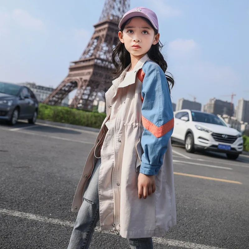 

Girls Outerwear Clothes Spring & Autumn New Children's Long Spliced Windbreaker Overcoat Teenager Kids Students Trench Coat P173