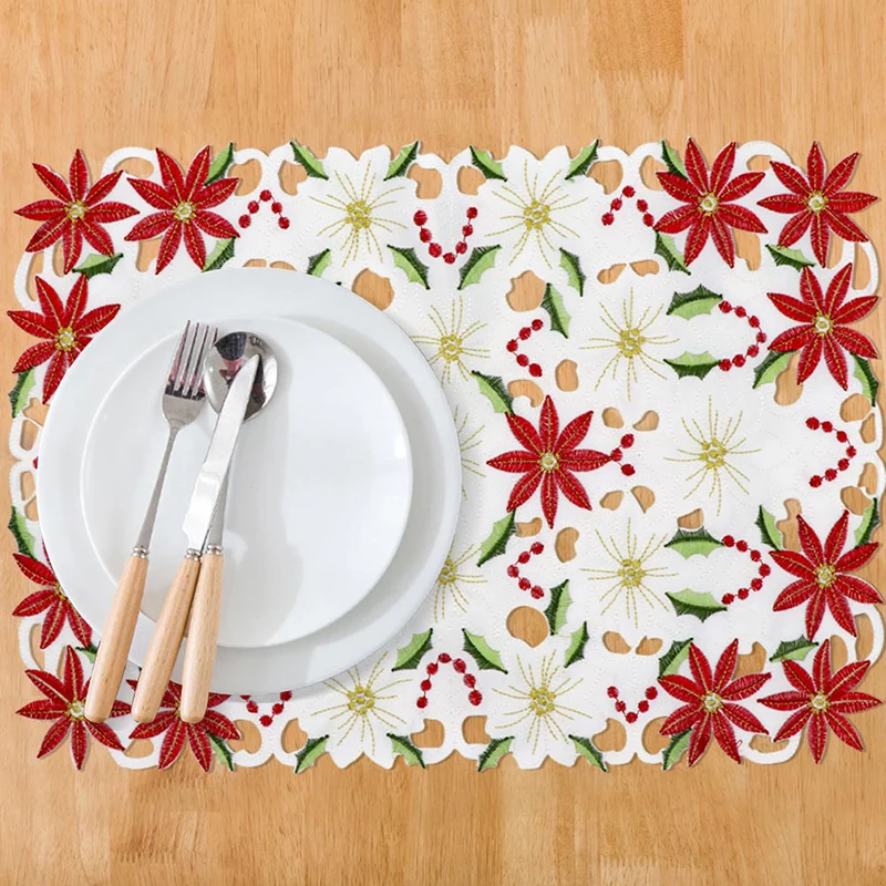 

Embroidery Table Mats Cutwork Polyester Christmas Placemat Xmas Kitchen