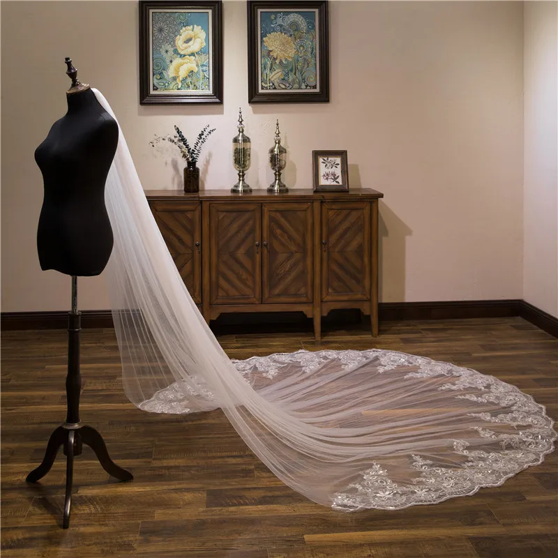 3M*3M length Wedding Veil with Comb Lace Appliques Luxury Bridal Veil Hot Sale