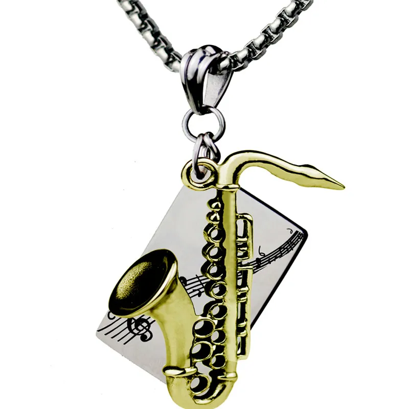 

Musical instrument Trumpet Saxophone Note Pendant Necklace Gold Stainless Steel Pray Hands Necklace Unisex Hip Hop Jewelry