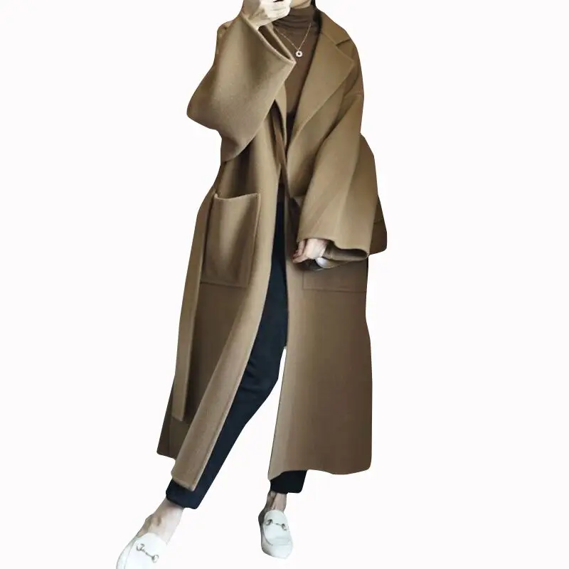 Зимние Для женщин Толстая теплая шерсть пальто халат Стиль Хай-стрит большой 2 Карманы с обеих сторон шерсти ручной работы X длинное пальто с поясом