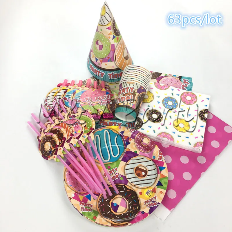 63pcs 63 шт./лот мультфильм Пончик тема бумажные тарелки для вечеринки набор «С Днем Рождения» вечерние одноразовые посуда набор украшения - Цвет: 63pcs