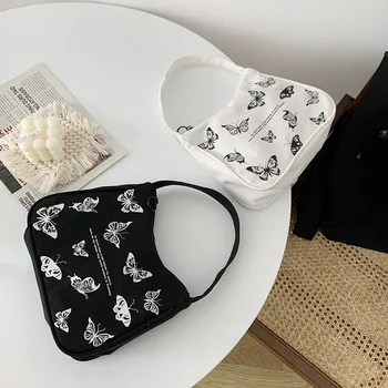 

Women Small Handbag Butterfly Print Canvas Tote 2020 New Ladies' Fashion Underarm Bag Zipper Half Moon Bags Cotton Cloth Purse