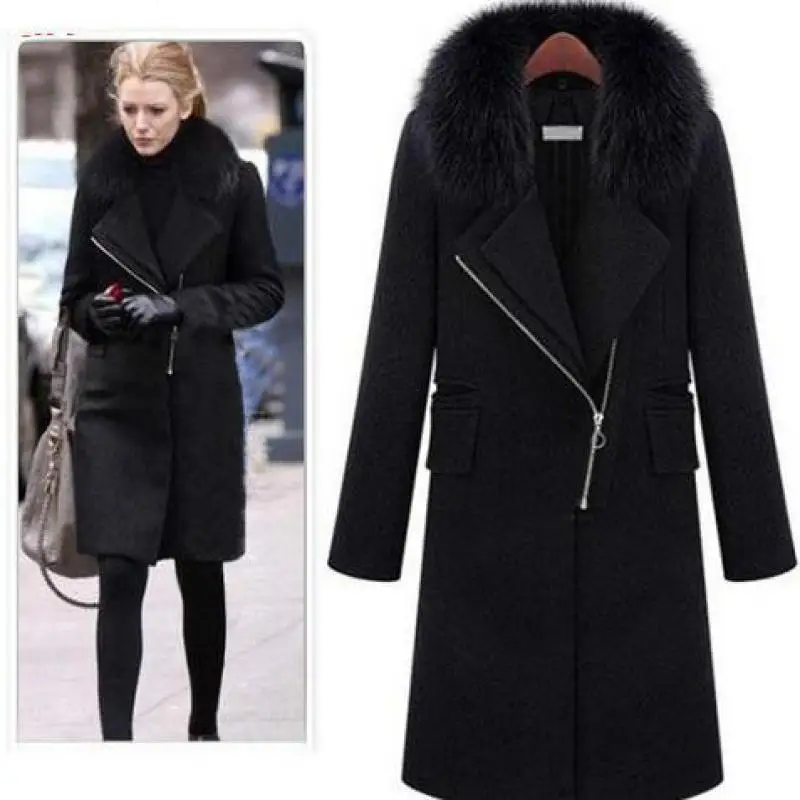 

Plus Size Elegant Women Winter Woolen Jacket Faux Fur Collar Black Coat 2019 New Europe And America Female Casual Thick Parka