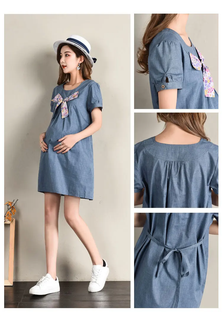 Для беременных женщин однотонные платья с короткими рукавами летнее свободное платье с бантом Одежда для беременных Модная хлопковая одежда для беременных