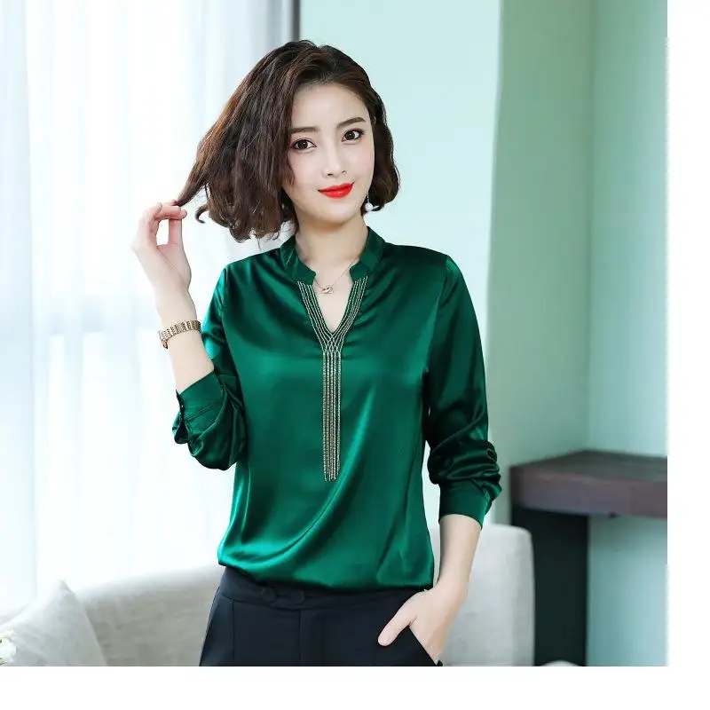Women's Spring Autumn Style Chiffon Blouses Shirt Women's Rivet Beads Long Sleeve Solid Color Korean Elegant Tops 1656