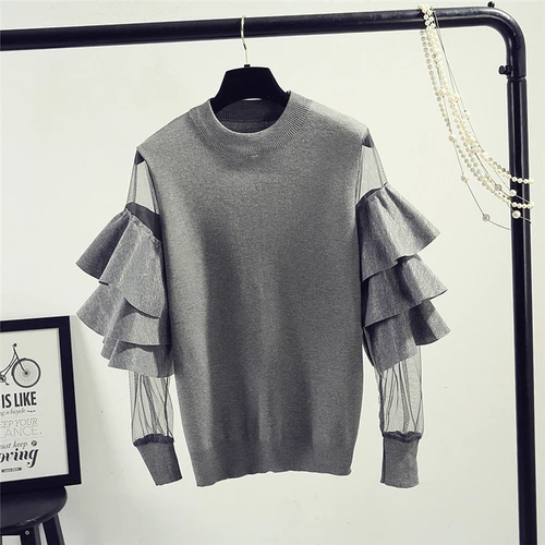 Neploe, модный винтажный вязаный женский свитер, весна-осень, Свободный джемпер с оборками и рукавами-фонариками, пуловер, топы для женщин, 91192 - Цвет: gray pullovers