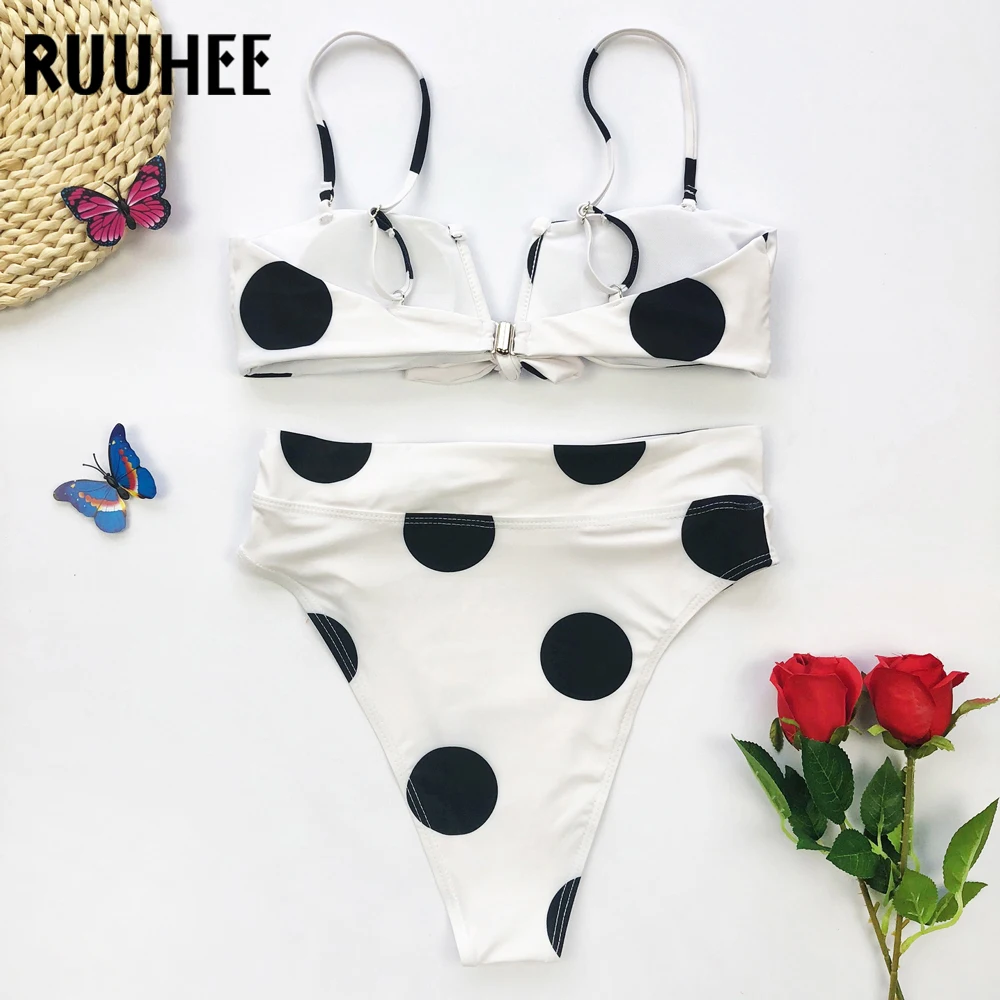 RUUHEE, винтажный Одноцветный купальник бикини в горошек, женский купальник с узлом, комплект бикини, купальный костюм, высокая талия, бикини, прокладки, пляжная одежда