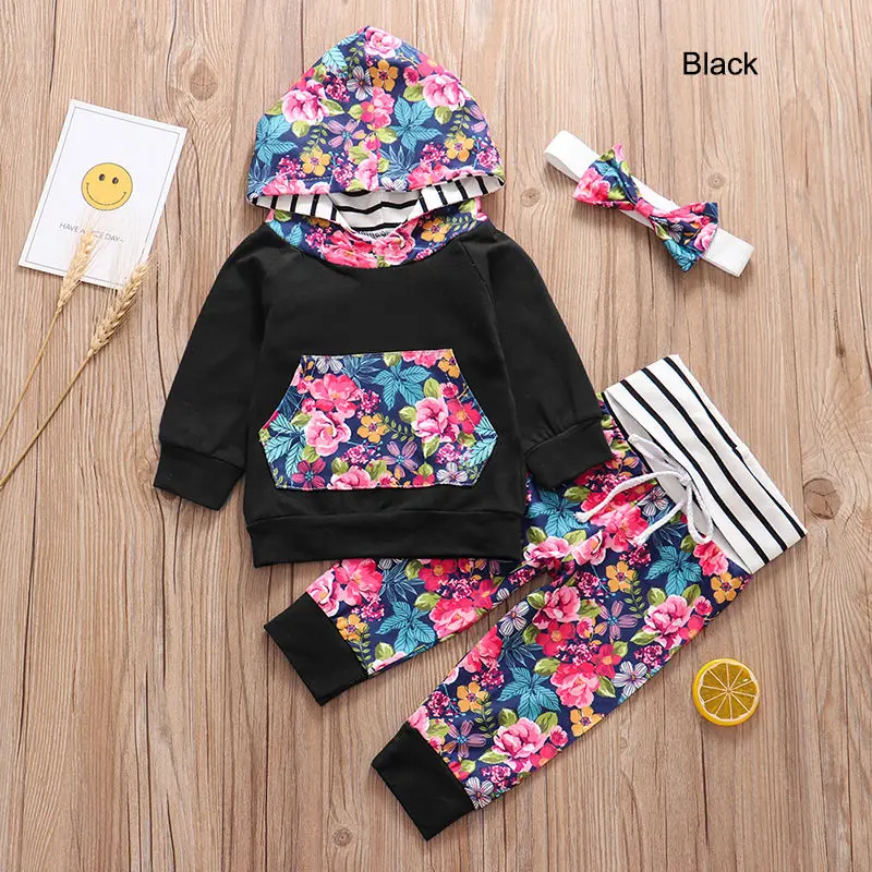 Осенний комплект одежды для маленьких девочек из 3 предметов: толстовка+ штаны+ повязка на голову Одежда для новорожденных с цветочным принтом комплекты одежды для маленьких девочек - Цвет: black