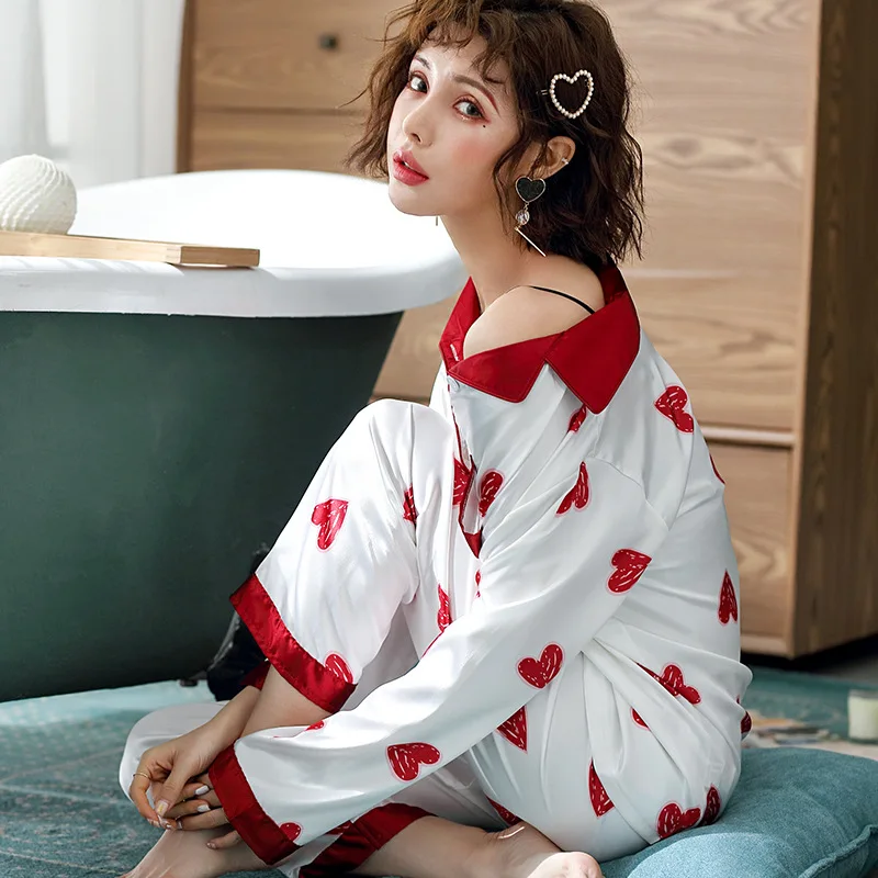 

Pajamas Women's Spring And Autumn Long Sleeve Viscose-Heart Thin Two-Piece Set Silk Korean-style Students Home Wear