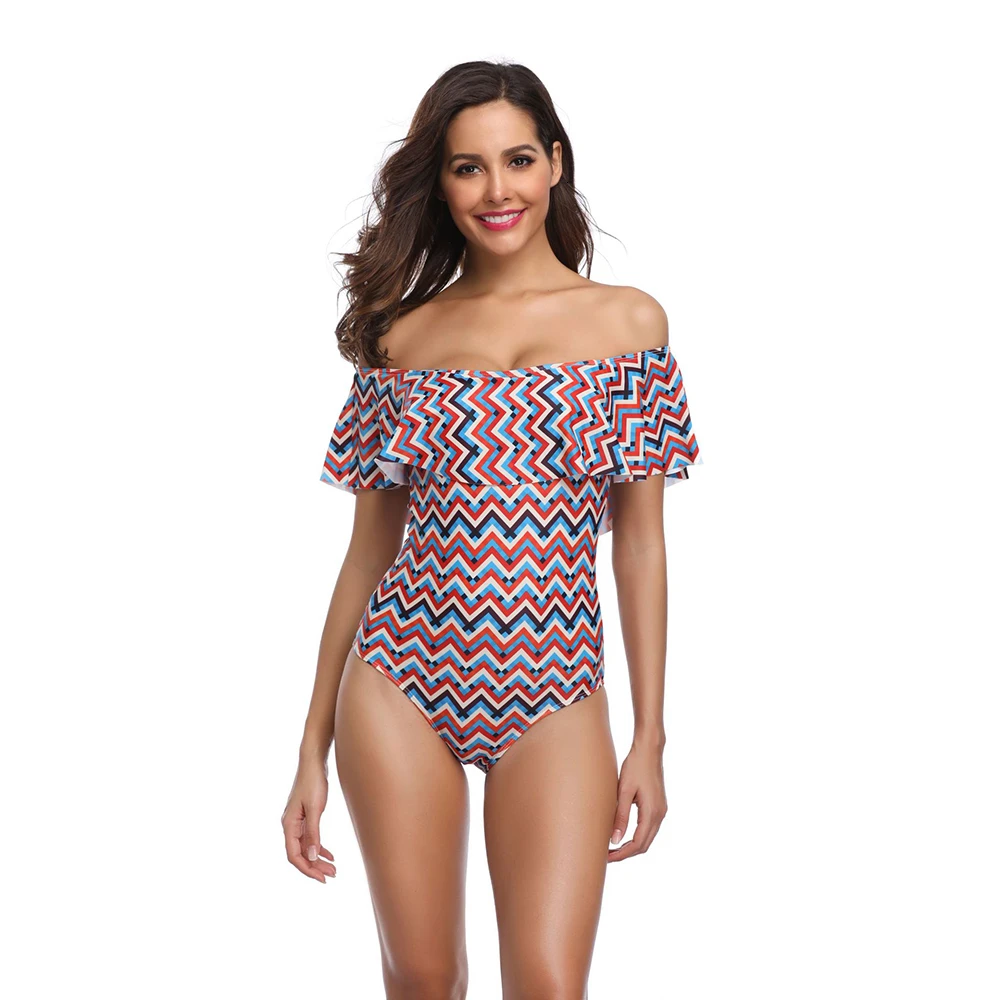 

Swimming Suit For Women Off Shoulder Swimsuit One Piece Zig Zag Slim Monokini Push Up 2019 Autumn Ladies Sexy Swimwear Trikini