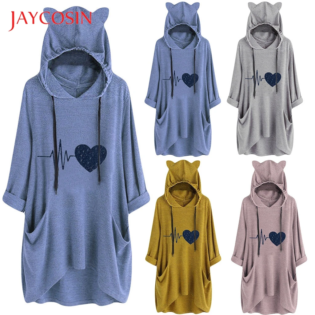 JAYCOSIN, женские повседневные толстовки, с принтом кошачьих ушей, с длинным рукавом, с отворачивающимися карманами, топ, блузка, рубашки для женщин, большие размеры 815#2