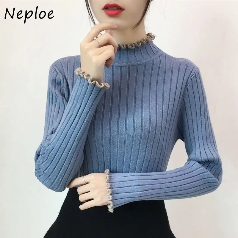 Neploe Full Sleeve Knitted Sweaters Tops Half Turtleneck Simple Soft Stretchy Knit Base Sweater Pullovers Preppy Style Jumpers | Женская
