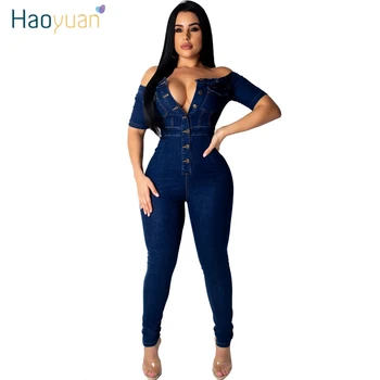 

ZOOEFFBB Sexy Off Shoulder Denim Rompers Women Jumpsuit Elastic Fashion Clothes Body Overalls One Piece Bodycon Jean Jumpsuit