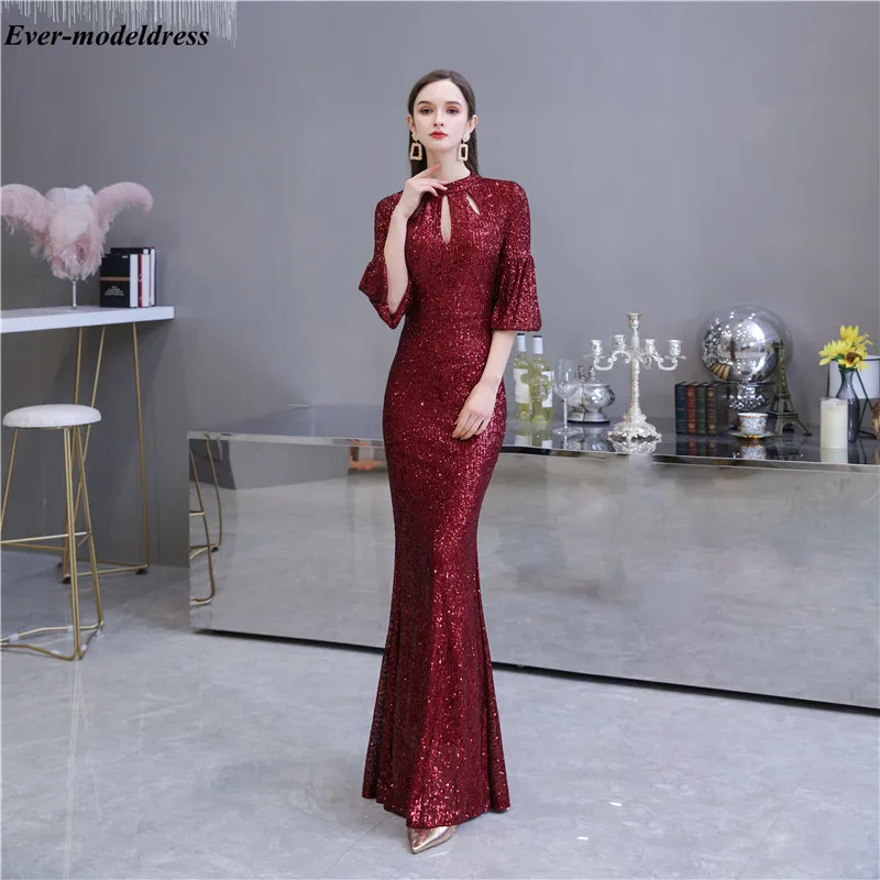 

Burgundy Mermaid Prom Dresses Flare Sleeves O-Neck Zipper Back Bodice Sparkly Celebrity Evening Gowns Robes De Mariee 2020