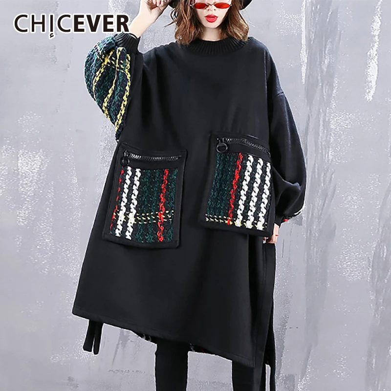 CHICEVER корейский стиль лоскутные женские толстовки с карманами круглым вырезом и