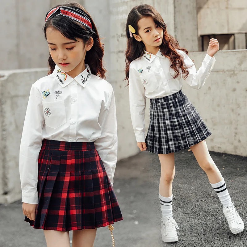 Kids Vintage Pleated Skirt For Girl Plaid Cotton Skirts School Clothes