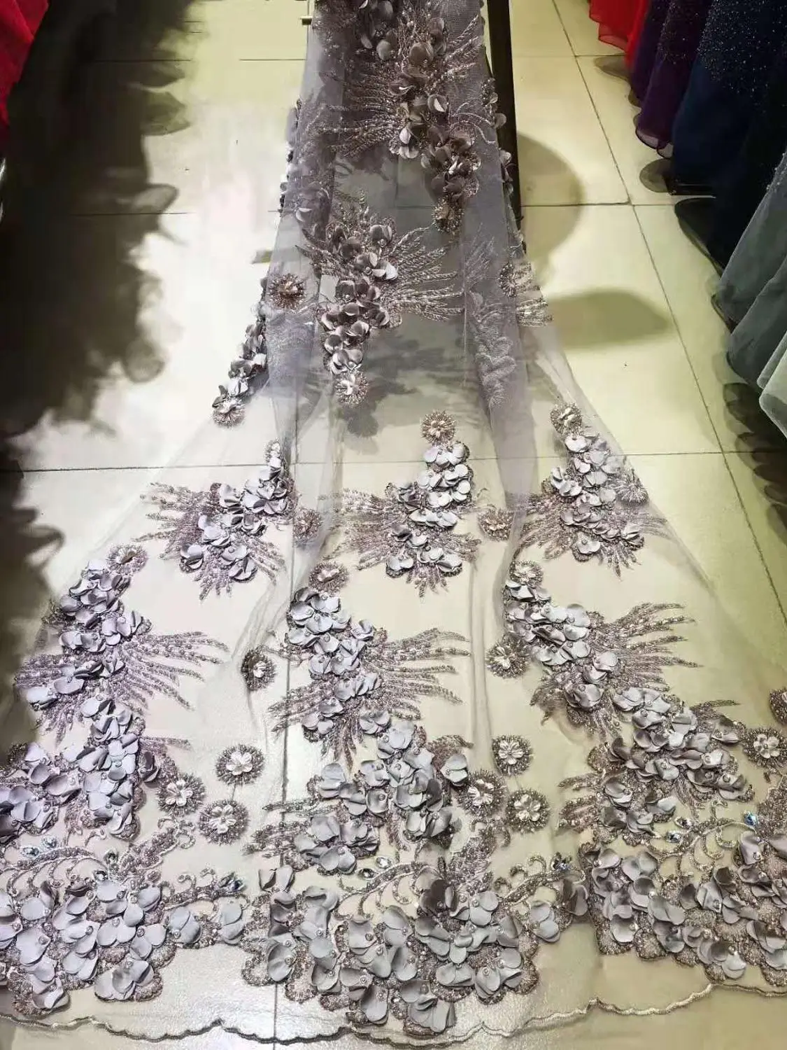 

Good-looking beads rhinestone decorative thread embroidered French mesh tulle African lace fabric for wedding dress DIY apparel