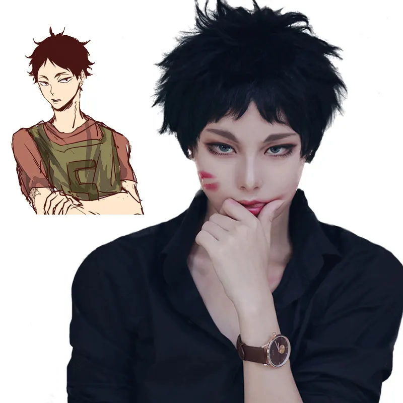 Парик для косплея Keiji Akaashi Haikyuu! Термостойкий короткий черный парик из