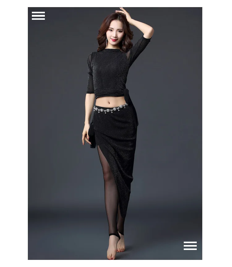Black 2pcs Блестящая серебряная трикотажная Женская команда, комплект из 2 предметов, комплект для танца живота, сексуальная танцевальная одежда для выступлений, одежда для шоу, красная одежда - Цвет: Black 2pcs