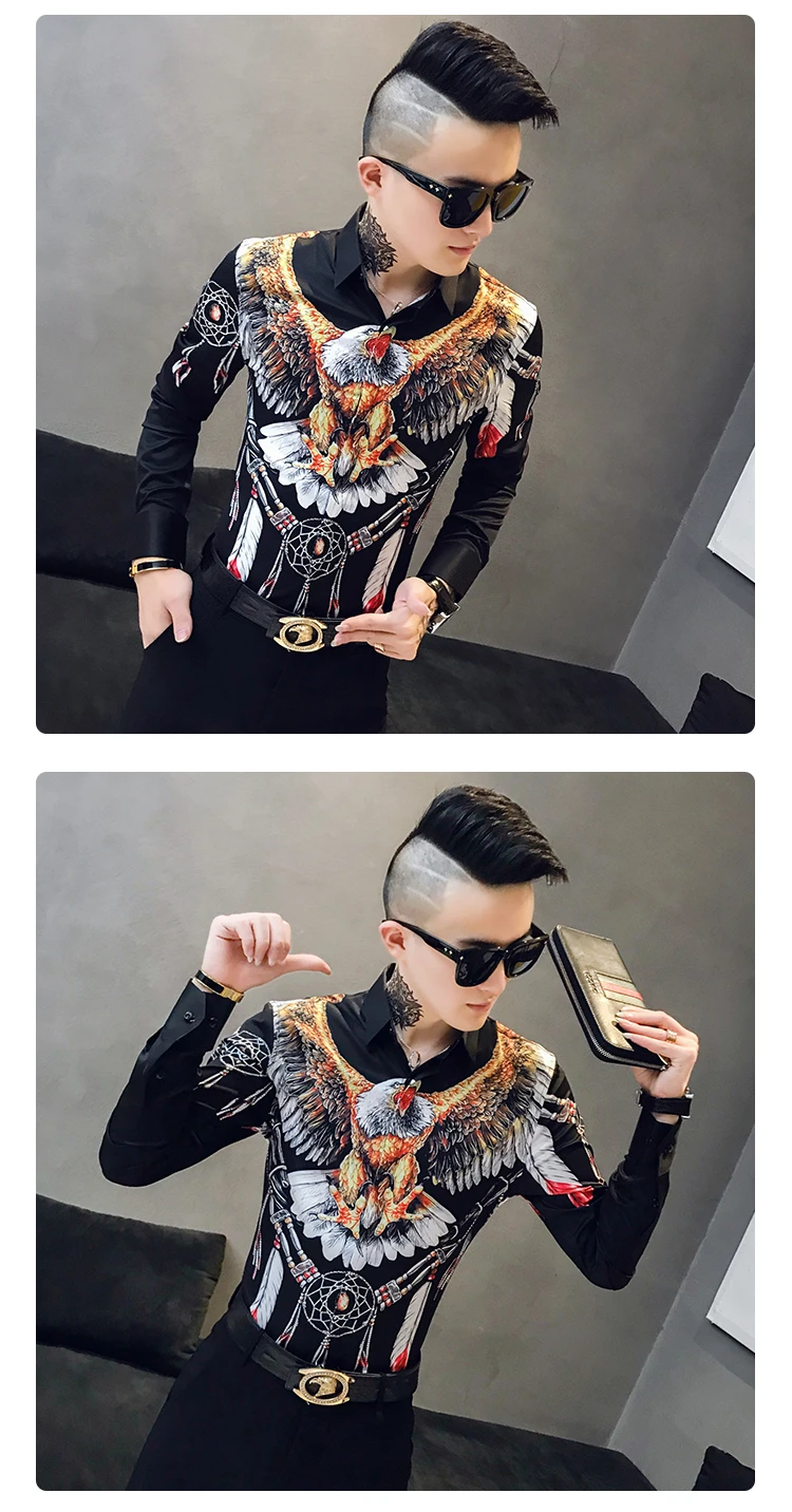 Новая повседневная рубашка с принтом орла, модная мужская уличная одежда, мужская светская рубашка, осенняя мужская Тонкая рубашка с длинным рукавом