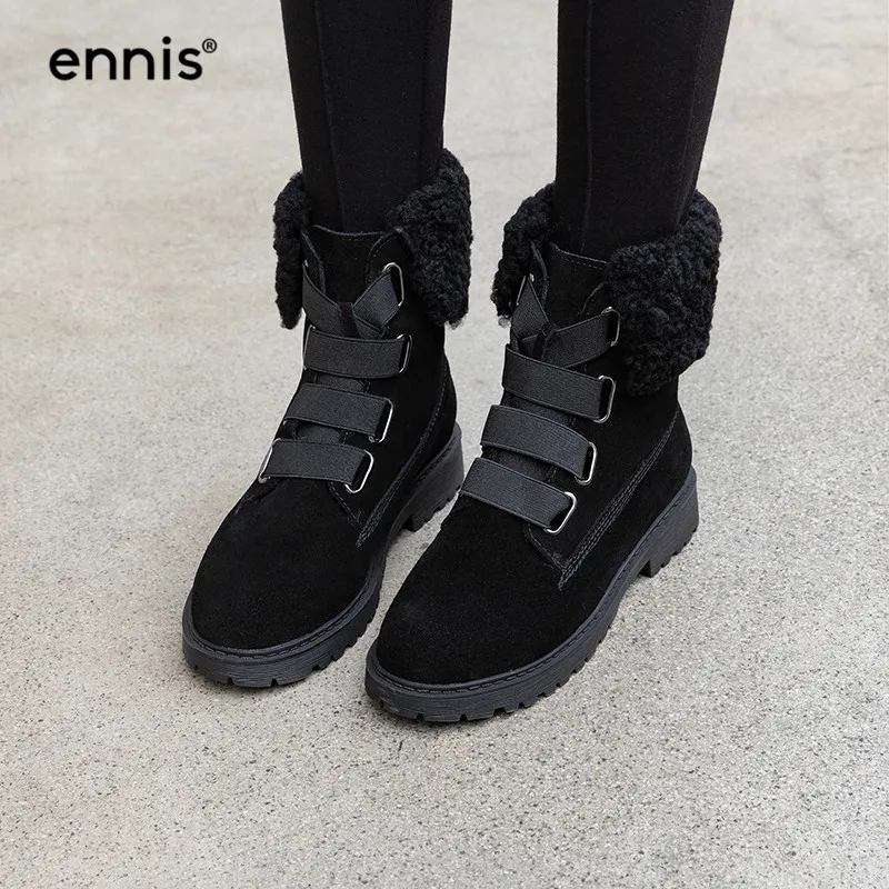 ENNIS Black Flat Boots Women Cow Suede Leather Snow Boots Winter Ankle Boots Female Warm Plush Shoes Designer Lace Up Shoe A9322