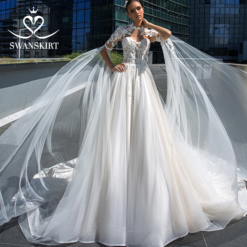 Слоновая кость Swanskirt винтажное свадебное платье с цветочной аппликацией и высоким вырезом Романтический Длинный рукав платье для невесты принцессы vestido de novia F127 - Цвет: Слоновая кость