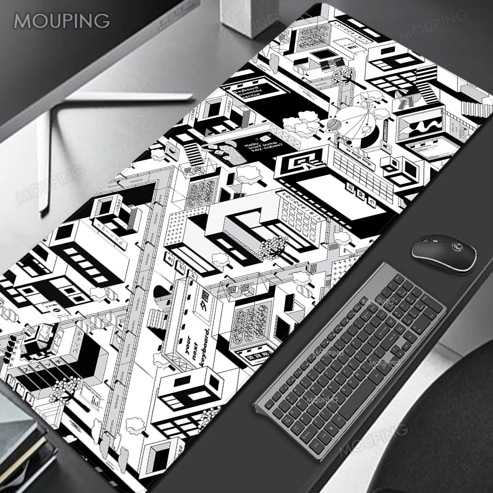 Black And White Mouse Pad Japanese City Desk Accessories Desk Mat Large