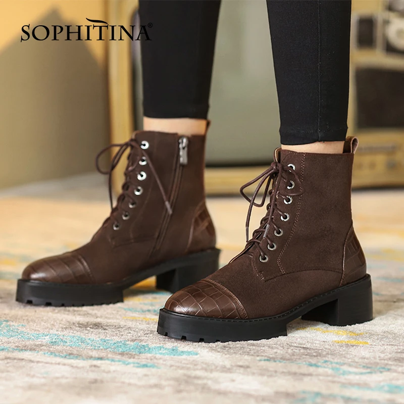 

SOPHITINA Women Shoes Fashion Leisure High Quality Ladies Motorcycle Boots Zipper Lace-up Square Heel Ankle Boots Women SO650
