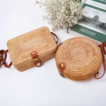

New Hollow Out Pattern Women Fashion Woven Handbag Tote Shoulder Bags Summer Beach Casual Rattan Straw Wicker Circle Bag Retro