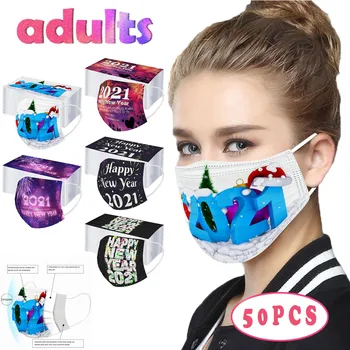

50pcs Face Mask Protective Adult Christmas 2021 Happy New Years Disposable Three Layer Breathable Face Masks Mouth Cover