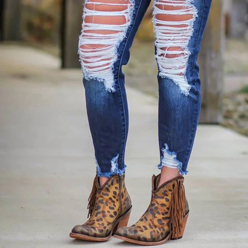 

Shoes Woman 2019 Fashion Leopard Print Sexy Pointed Toe Ankle Boots Slip On Deep V High Heel Boots Lady Shoes Dropship