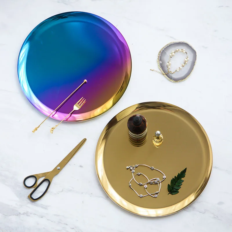 

Nordic Gold-Tone Storage Tray Metal Circular Tray Rainbow-colored Storage Fruit Tea Tray Copper Decoration