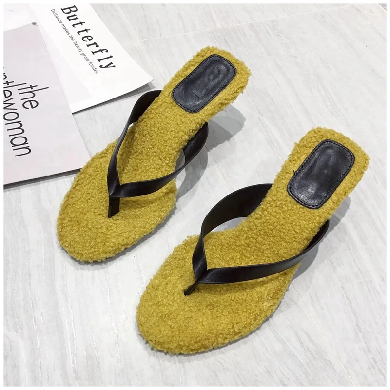 Yellow SUOJIALUN/Новинка; женские меховые тапочки; Элегантные Осенние тапочки на высоком тонком каблуке; Домашние шлепанцы без шнуровки; женские сандалии; туфли-лодочки - Color: Yellow