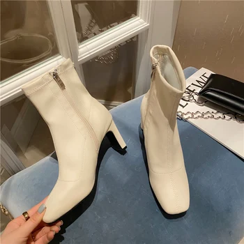 

2020 Autumn Fashion Women Sock Boots Square Toe Yarn Elastic Ankle Boots Winter Female Beige Black Thick High Heels Party Shoes