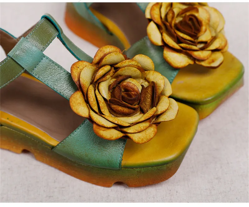 Genuine Leather Hand Painted Women Wedge Sandals Retro Flower Soft Ankle Strap Platform Sandal Retro Summer Lady Shoes High Heel (8)