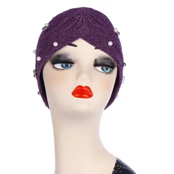 

Pure Color Beaded Pleated Hair Bonnet Caps Bright Silk Indian Hat Muslim Headwrap African Women Head Turban Hat TB-127