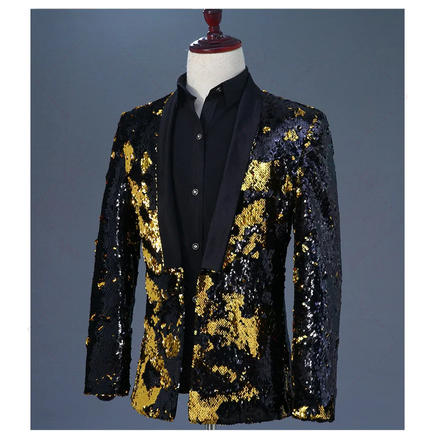 Mens Bling Bling Costume Sequin Nightclub Bar Stage Blazer Jacket Cosplay Coat