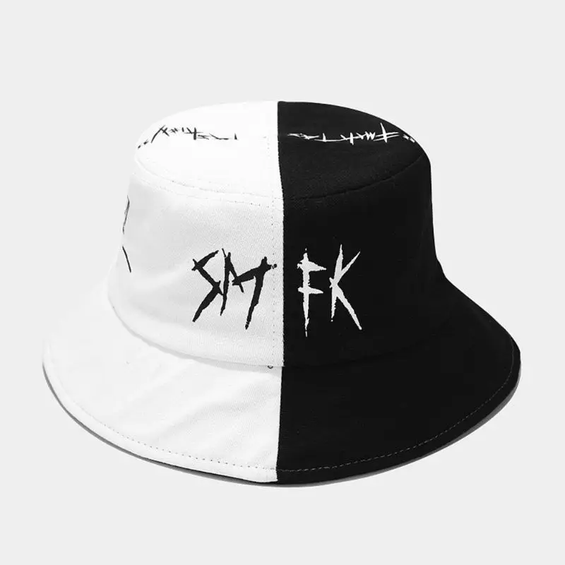 Men Women Summer Black White Color Block Bucket Hat Star Eye Graffiti Printed Patchwork Harajuku Hip Hop Outdoor Fisherman Cap