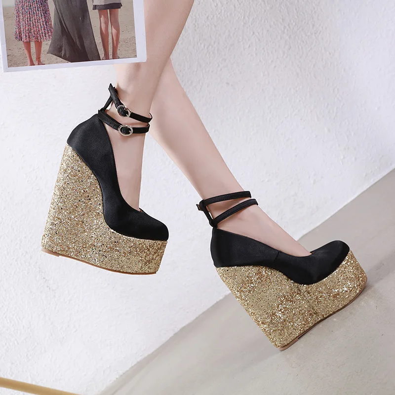 

Europe And America New Style 2019 New Style 16cm Slanted Heel Sequin Joint Satin Surface Closed-toe Platform Shoes 34-40 Code