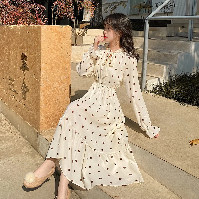 

2020 Spring New Style France Non-mainstream Waist Hugging Slimming Flounced Polka Dot Chiffon Dress Spring Women's Dress