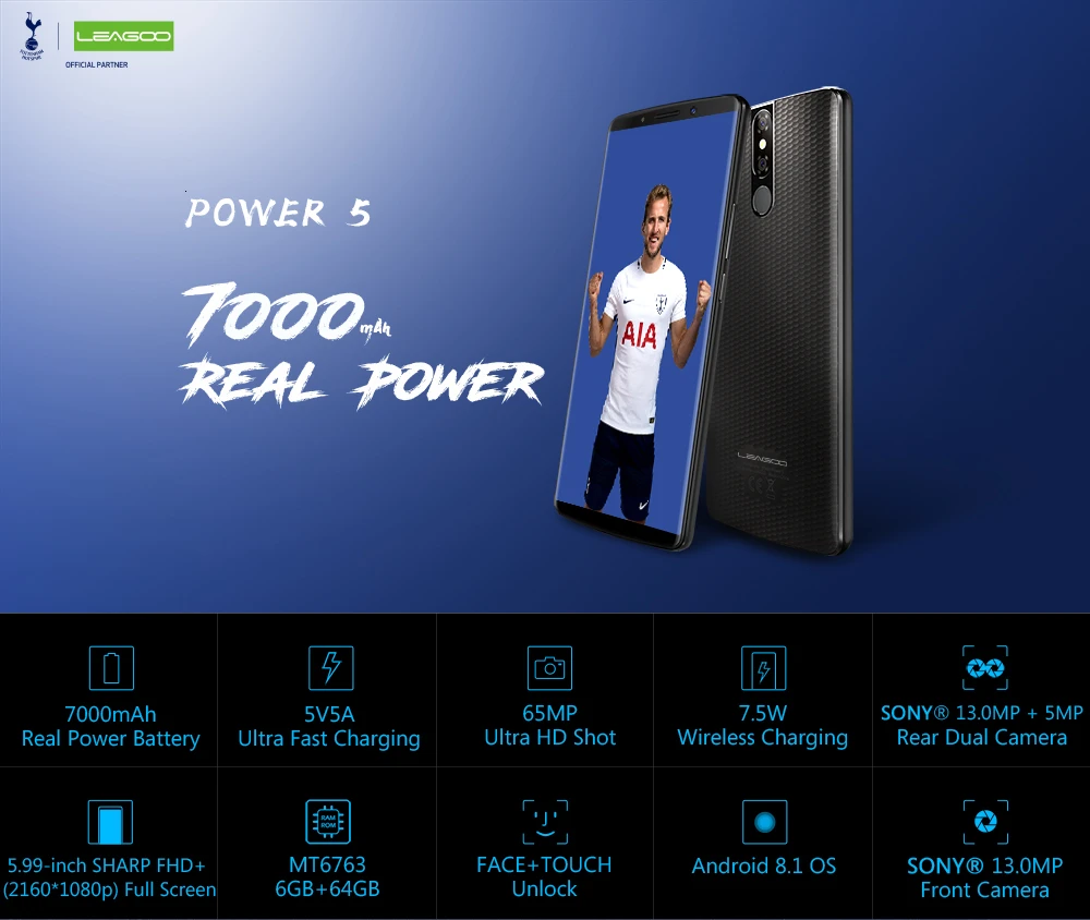 LEAGOO POWER 5 смартфон 5,9" FHD+ 6 ГБ ОЗУ 64 Гб ПЗУ Android 8,1 MT6763V Восьмиядерный 7000 мАч 13 МП Беспроводная зарядка для мобильного телефона