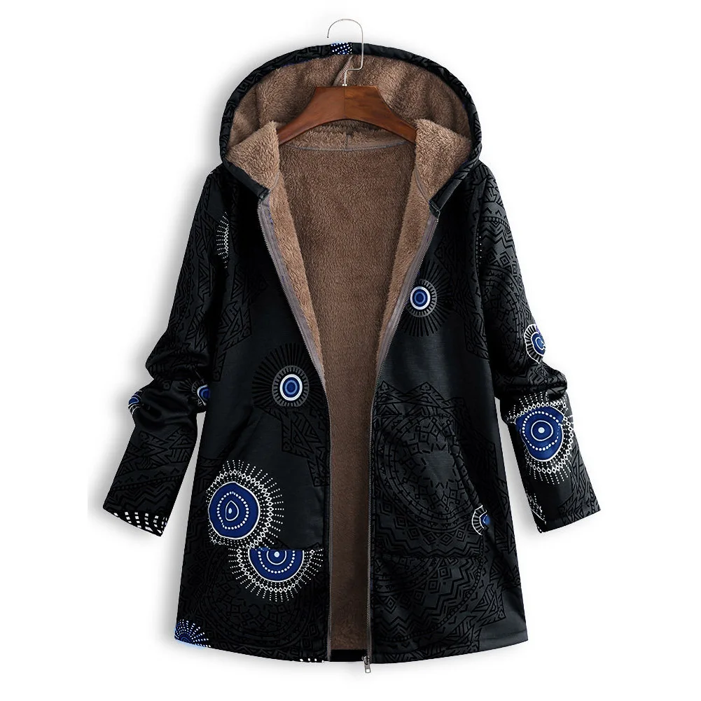 Women Winter Printed Hooded Plush Coat Retro Style Women Plush Long Sleeve Jacket Comfortable and Warm NFE99 - Цвет: Черный