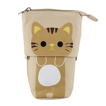 

canvas Cartoon Cute Cat Telescopic Pencil Pouch Bag Stationery Pen Case Box with Zipper Closure -Khaki
