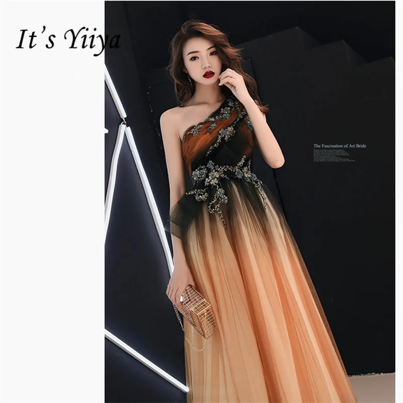 

It's Yiiya Evening Dress Elegant Sleeveless One-Shoulder Robe De Soiree A-Lline Floor-Length Crystal Women Party Dresses E872