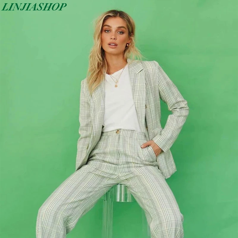 

Vintage stylish plaid long sleeve women's blazers and jackets autumn double breasted office lady outwear tops casual blazer