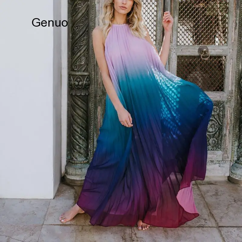 Sexy Dress Tie Dye Dress Vestido De Festa Longo 2020 Women's Sexy Fashion Halter Beach Dress Hanging Neck Chiffon Dress Robe